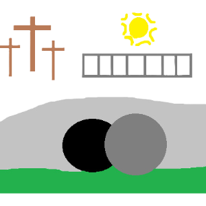 An image of a large stone resting beside a dark opening in a rockface. In the upper left corner, there are three crosses. In the upper right, there is a sun over top of a long gray rectangle which is divided into seven sections.